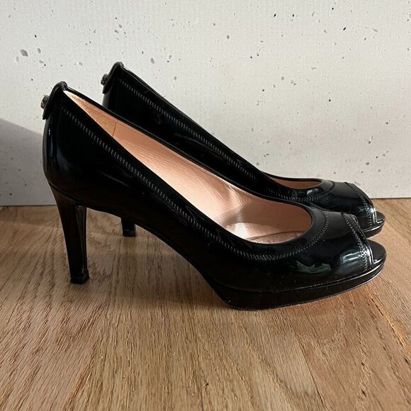 Stuart Weitzman Black Patent Leather‎ peep Toe pumps Heels Shoes Sz 6M - Picture 2 of 7